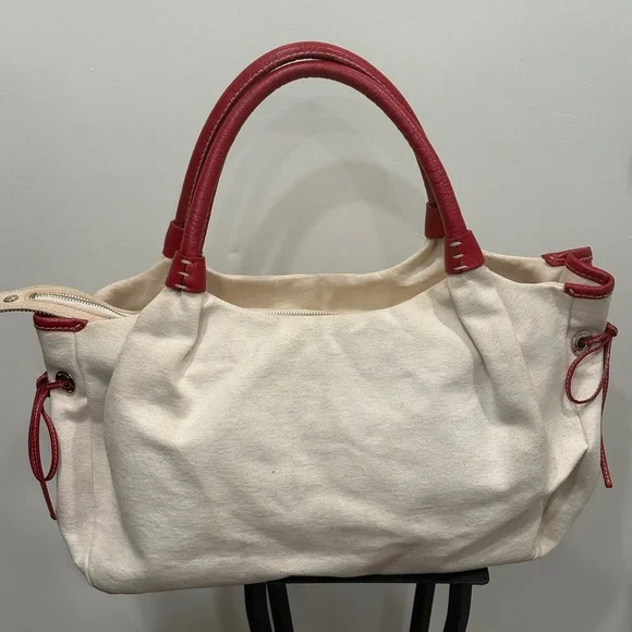 Kate Spade Red Leather & Cream Canvas Kent Stevie Shoulder Bag Satchel Sample - Picture 2 of 16